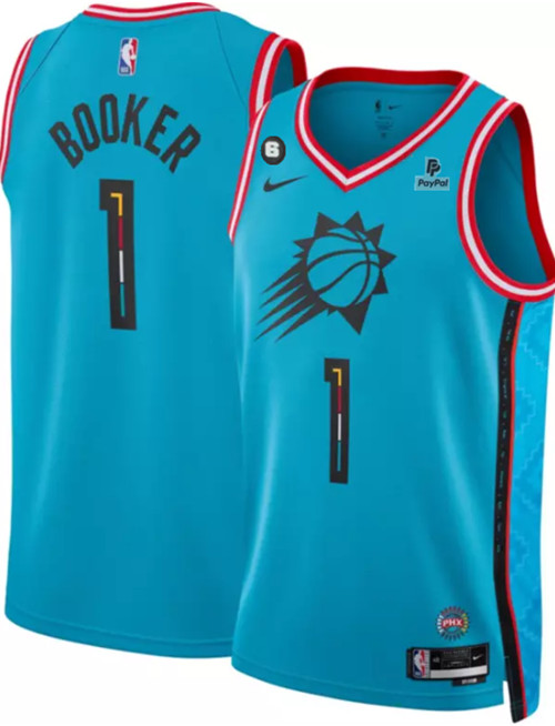 Men's Phoenix Suns #1 Devin Booker Blue 2022/23 City Edition With NO.6 And Payple Patch Stitched Basketball Jersey - Click Image to Close